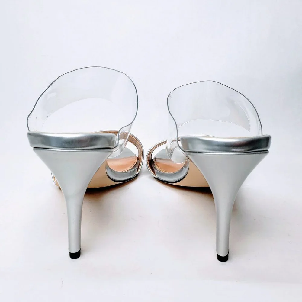 Andiamo Double Trouble Metallic Silver Clear Strap Heels Slip On Stiletto 8.5